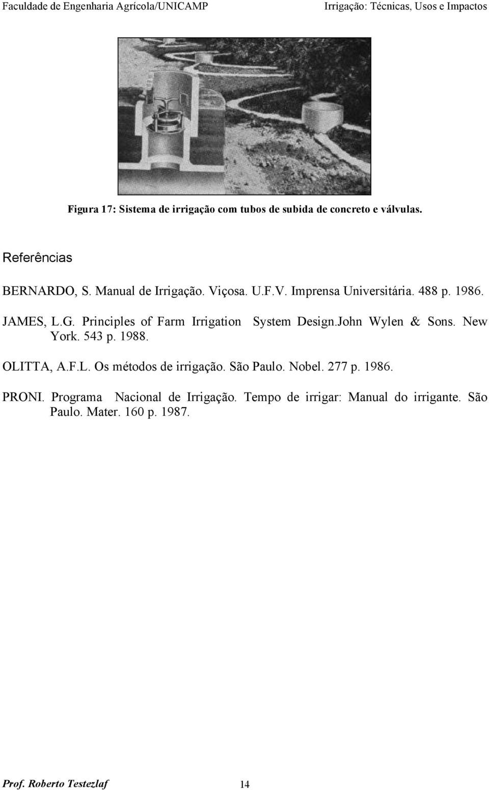 Principles of Farm Irrigation System Design.John Wylen & Sons. New York. 543 p. 1988. OLITTA, A.F.L. Os métodos de irrigação.