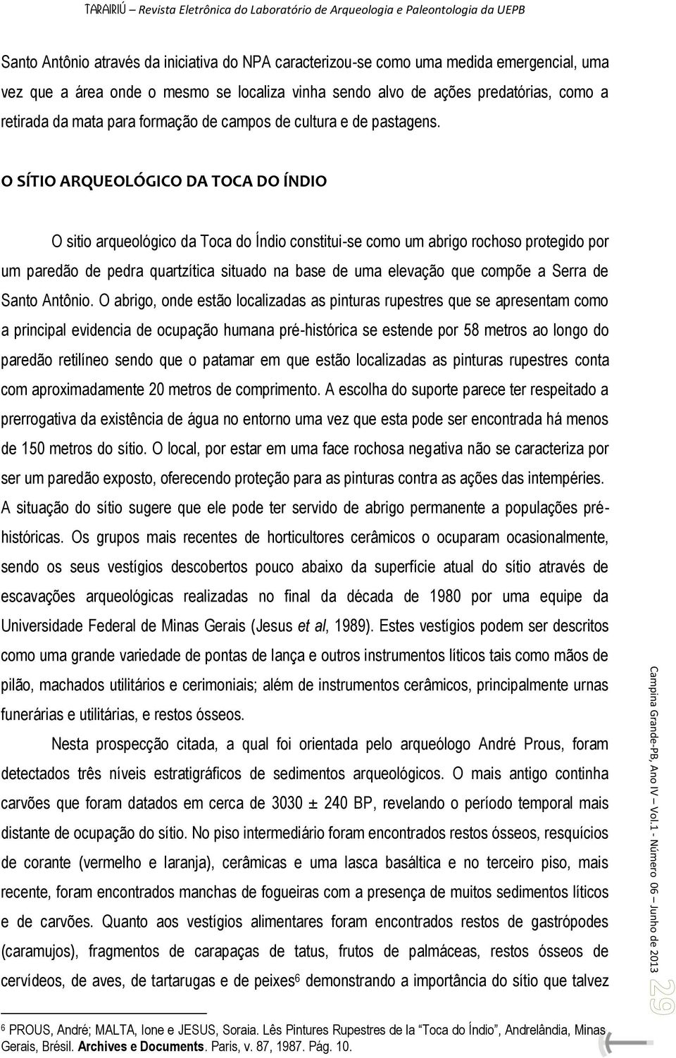 O SÍTIO ARQUEOLÓGICO DA TOCA DO ÍNDIO O sitio arqueológico da Toca do Índio constitui-se como um abrigo rochoso protegido por um paredão de pedra quartzítica situado na base de uma elevação que