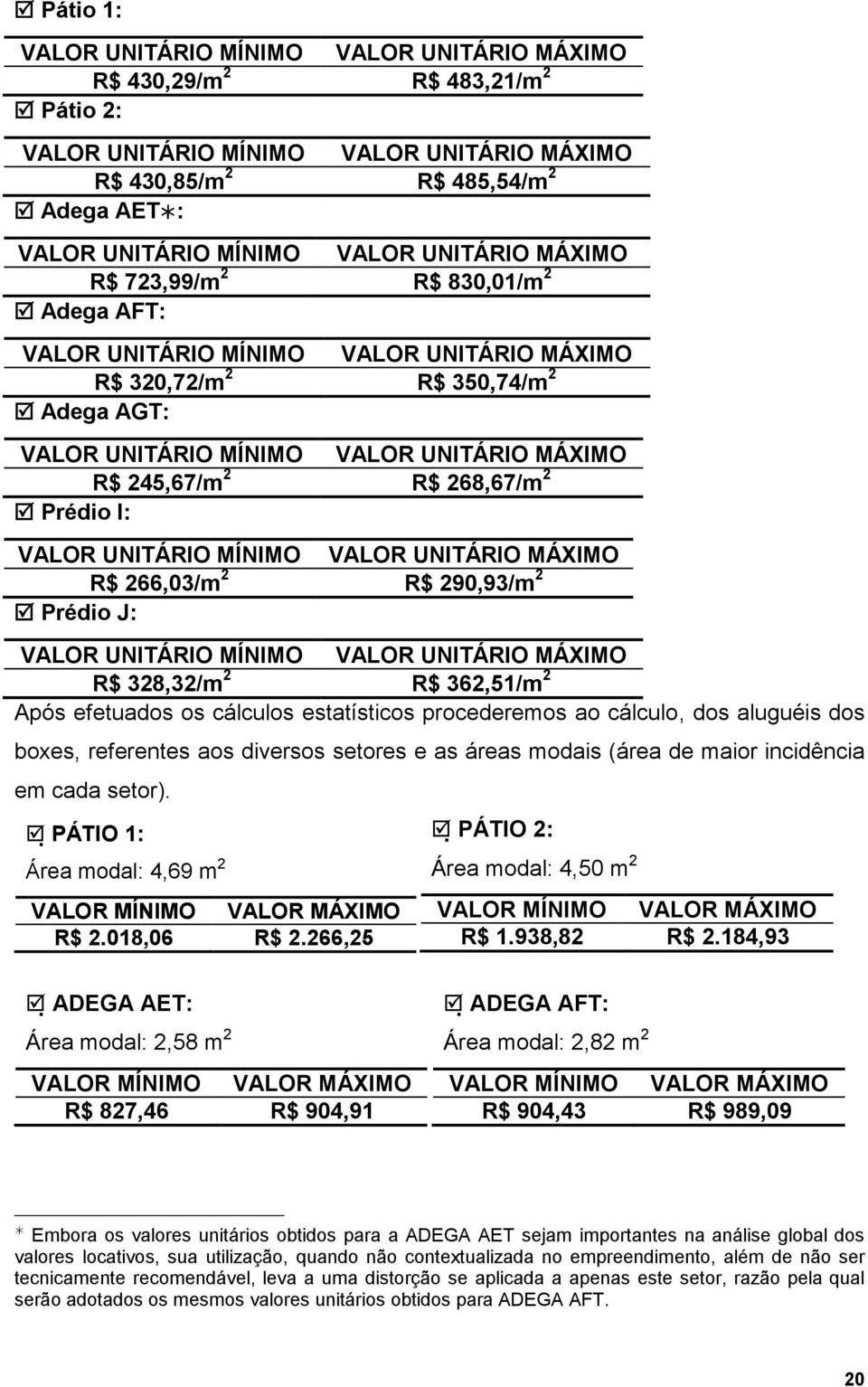 2 R$ 268,67/m 2 Prédio I: VALOR UNITÁRIO MÍNIMO VALOR UNITÁRIO MÁXIMO R$ 266,03/m 2 R$ 290,93/m 2 Prédio J: VALOR UNITÁRIO MÍNIMO VALOR UNITÁRIO MÁXIMO R$ 328,32/m 2 R$ 362,51/m 2 Após efetuados os