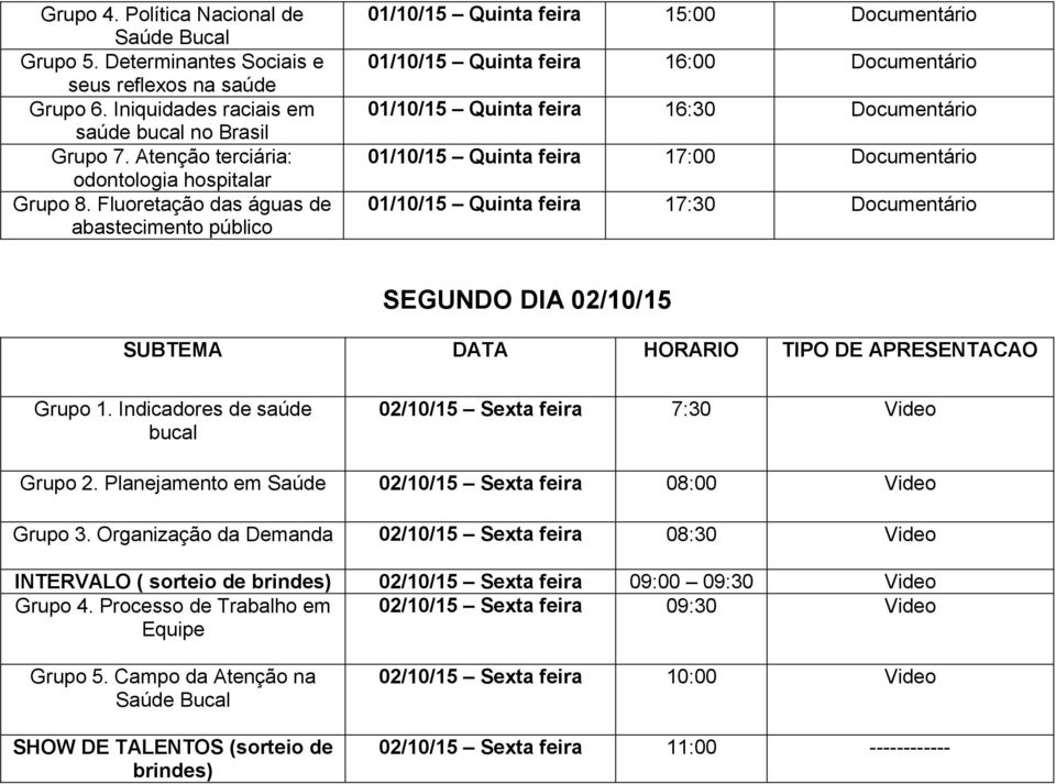 Fluoretação das águas de abastecimento público 01/10/15 Quinta feira 15:00 Documentário 01/10/15 Quinta feira 16:00 Documentário 01/10/15 Quinta feira 16:30 Documentário 01/10/15 Quinta feira 17:00