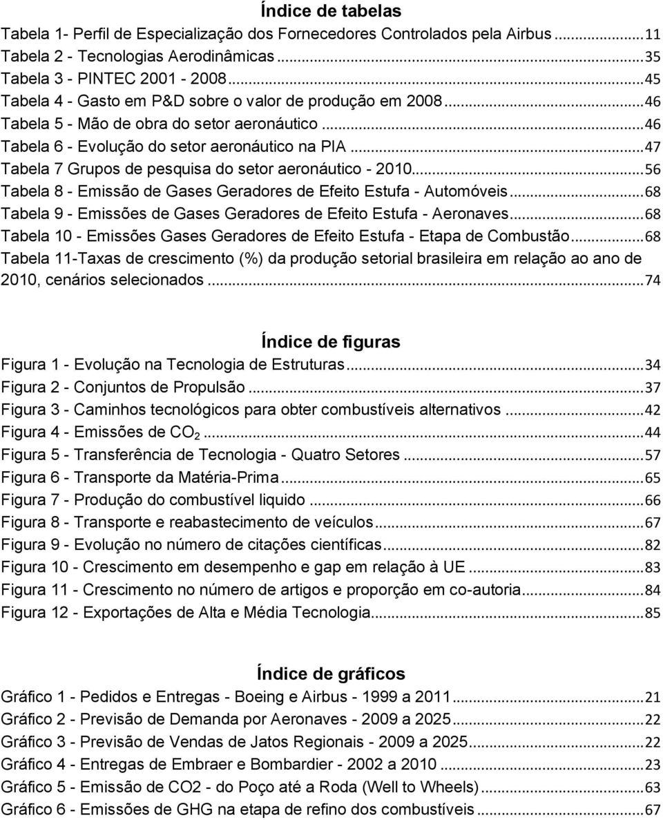 .. 47 Tabela 7 Grupos de pesquisa do setor aeronáutico - 2010... 56 Tabela 8 - Emissão de Gases Geradores de Efeito Estufa - Automóveis.