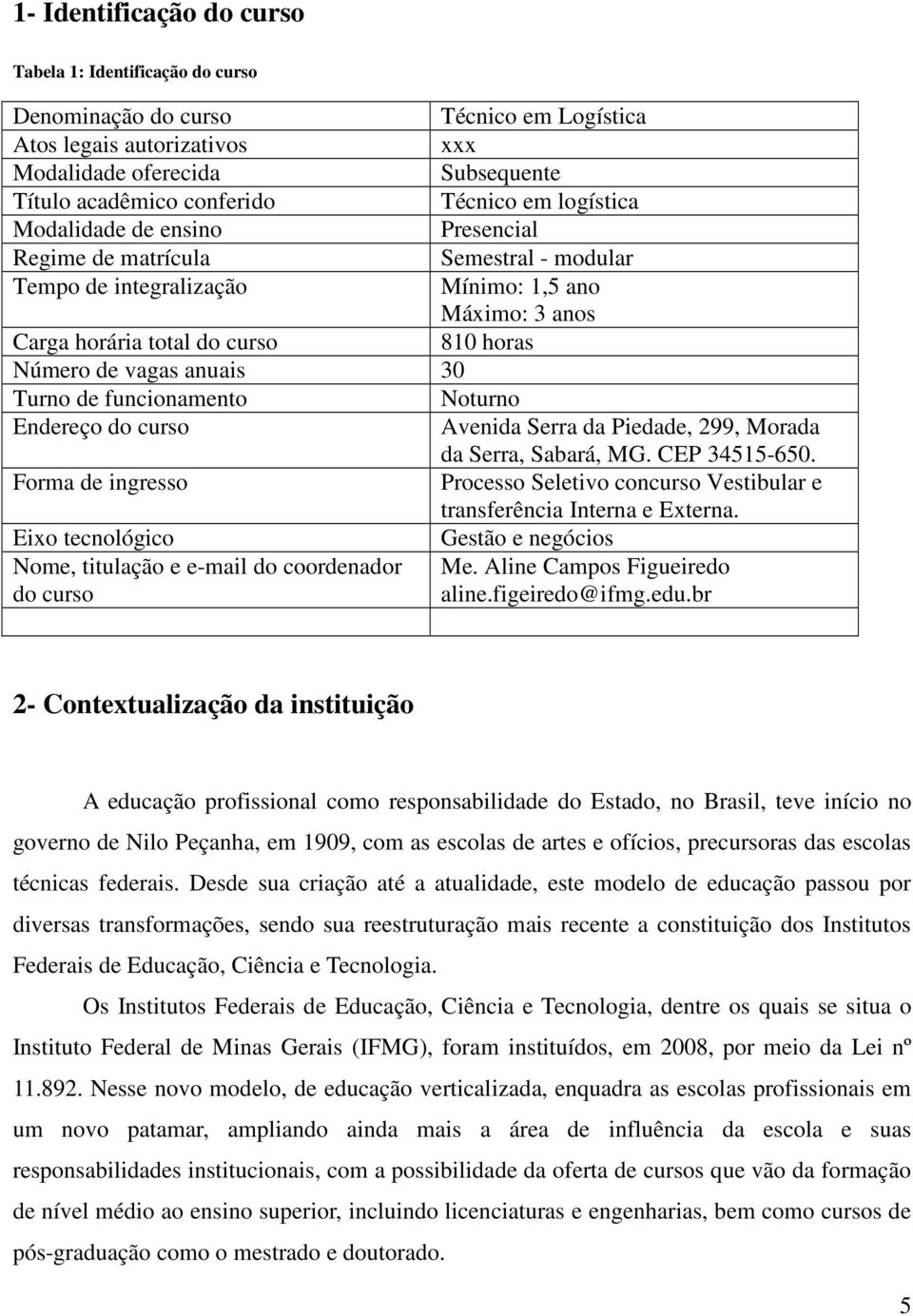 anuais 30 Turno de funcionamento Noturno Endereço do curso Avenida Serra da Piedade, 299, Morada da Serra, Sabará, MG. CEP 34515-650.