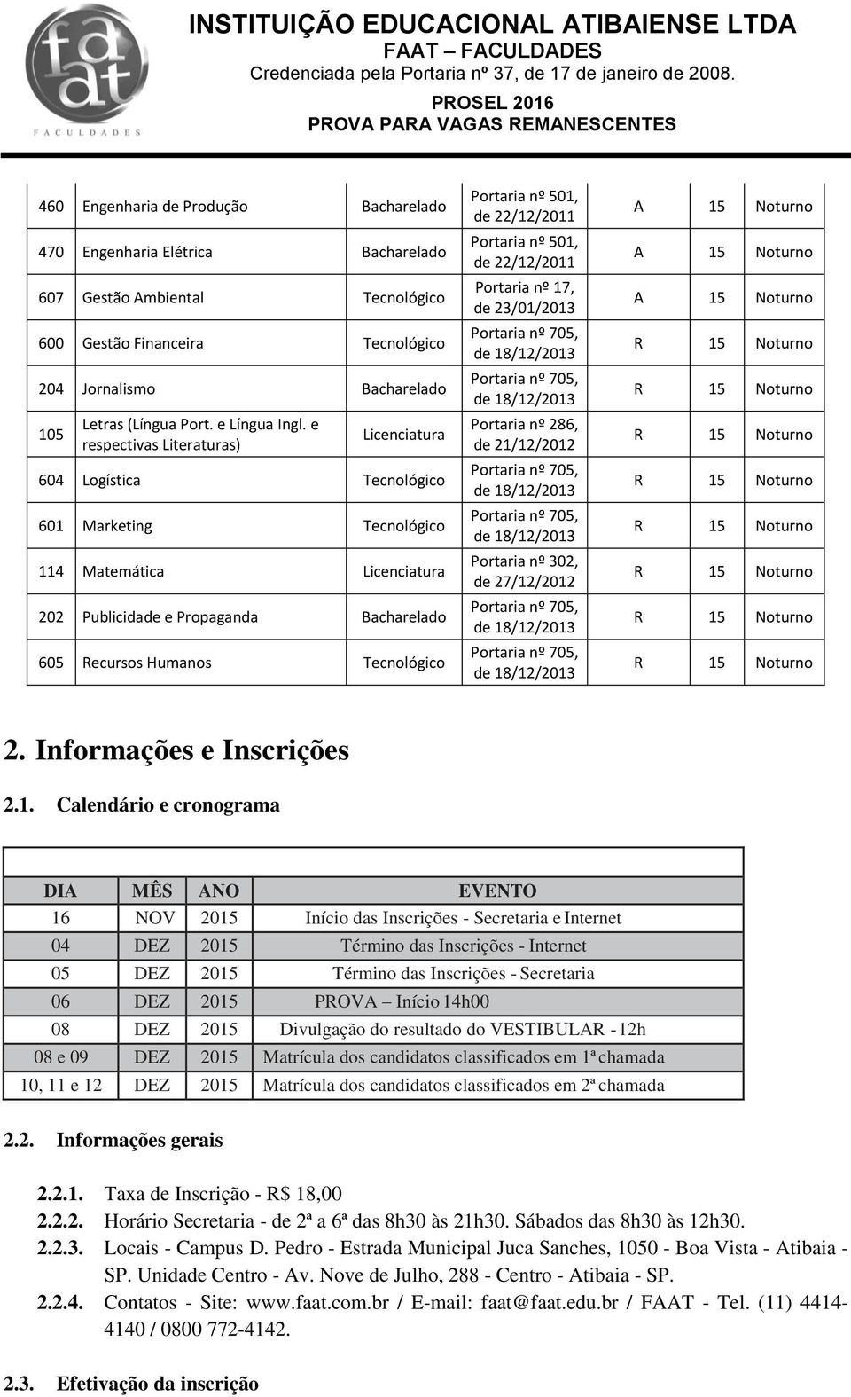 e respectivas Literaturas) Licenciatura 604 Logística Tecnológico 601 Marketing Tecnológico 114 Matemática Licenciatura 202 Publicidade e Propaganda Bacharelado 605 Recursos Humanos Tecnológico