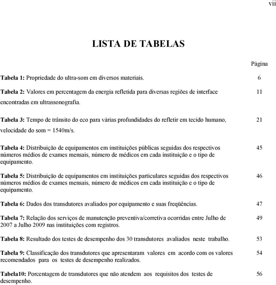 Tabela 3: Tempo de trânsito do eco para várias profundidades do refletir em tecido humano, velocidade do som = 1540m/s.