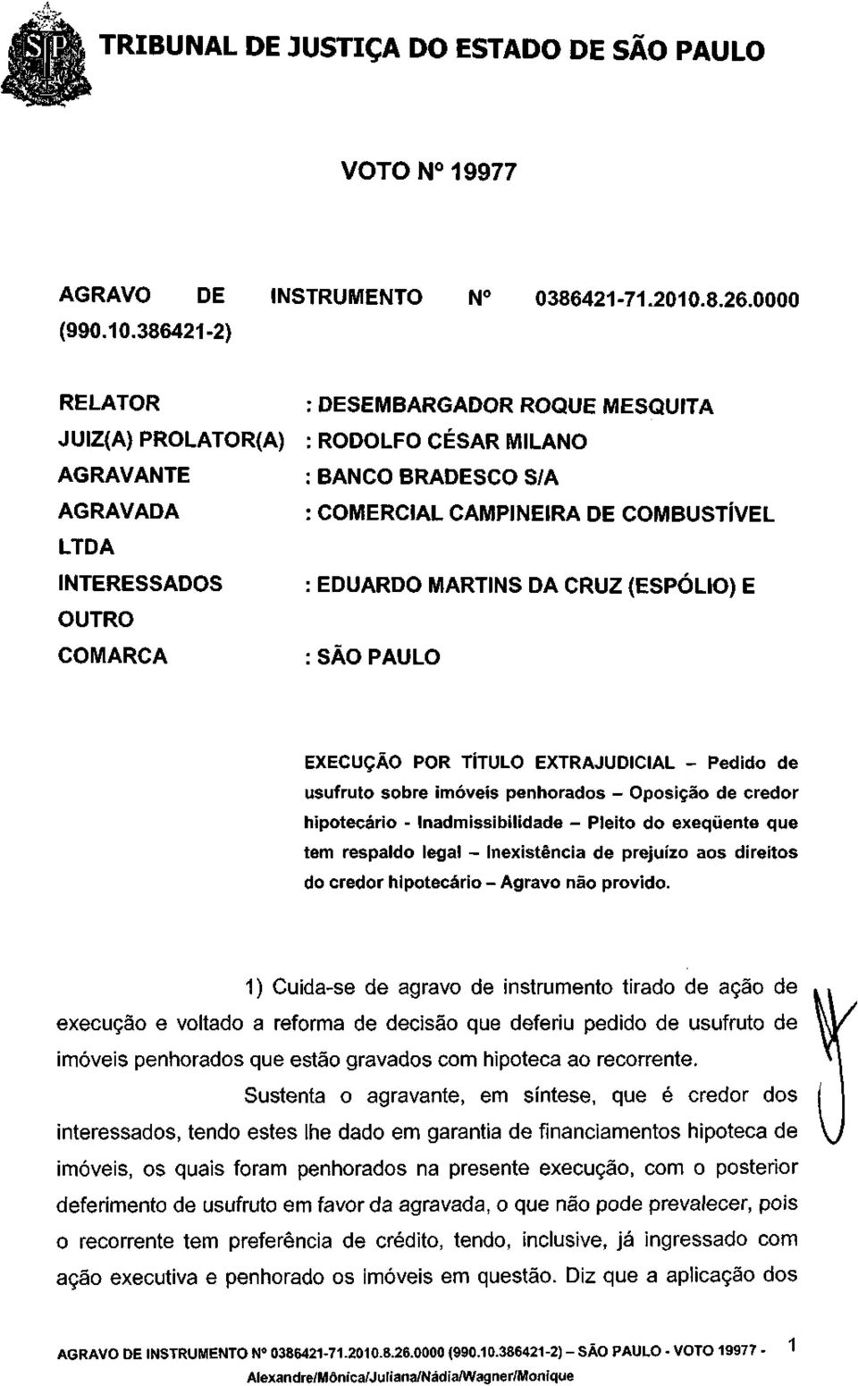 386421-2) RELATOR JUIZ(A) PROLATOR(A) AGRAVANTE AGRAVADA LTDA INTERESSADOS OUTRO COMARCA DESEMBARGADOR ROQUE MESQUITA RODOLFO CÉSAR MILANO BANCO BRADESCO S/A COMERCIAL CAMPINEIRA DE COMBUSTÍVEL
