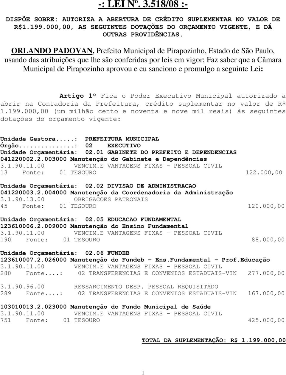 sanciono e promulgo a seguinte Lei: Artigo 1 Fica o Poder Executivo Municipal autorizado a abrir na Contadoria da Prefeitura, crédito suplementar no valor de R$ 1.199.