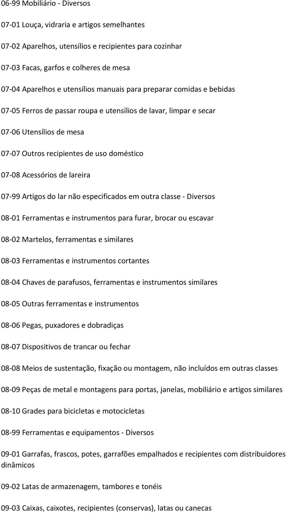 lareira 07-99 Artigos do lar não especificados em outra classe - Diversos 08-01 Ferramentas e instrumentos para furar, brocar ou escavar 08-02 Martelos, ferramentas e similares 08-03 Ferramentas e