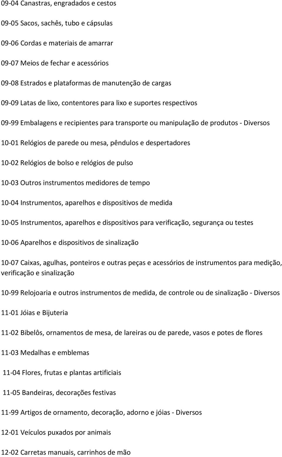 despertadores 10-02 Relógios de bolso e relógios de pulso 10-03 Outros instrumentos medidores de tempo 10-04 Instrumentos, aparelhos e dispositivos de medida 10-05 Instrumentos, aparelhos e