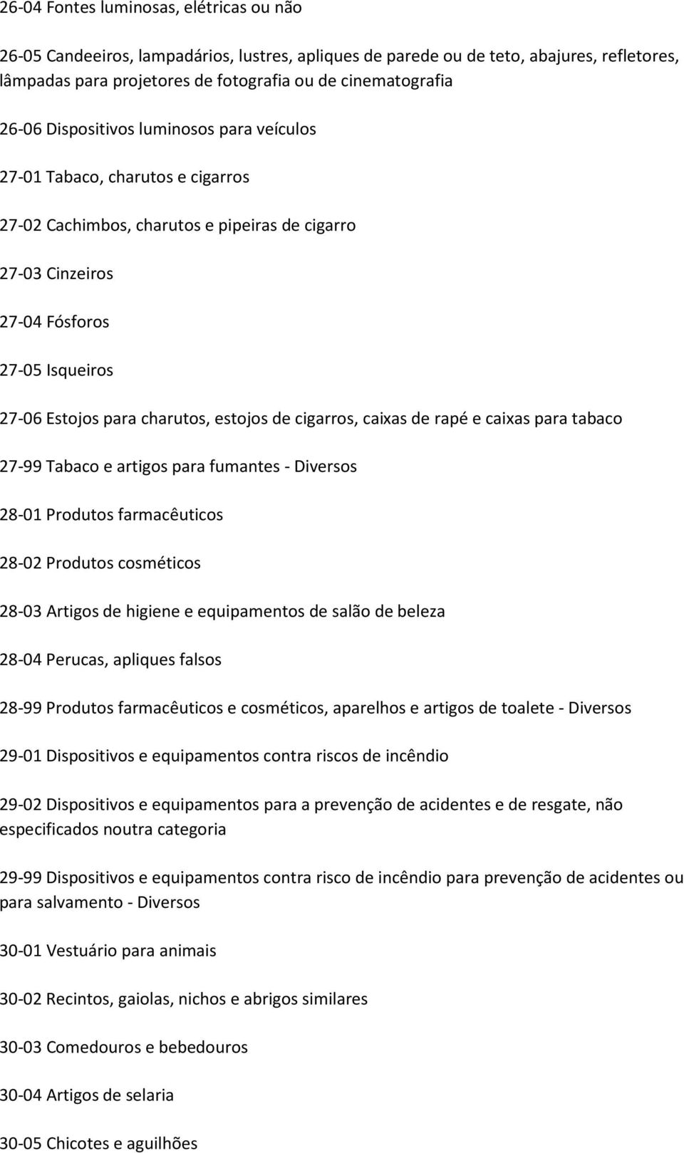 estojos de cigarros, caixas de rapé e caixas para tabaco 27-99 Tabaco e artigos para fumantes - Diversos 28-01 Produtos farmacêuticos 28-02 Produtos cosméticos 28-03 Artigos de higiene e equipamentos