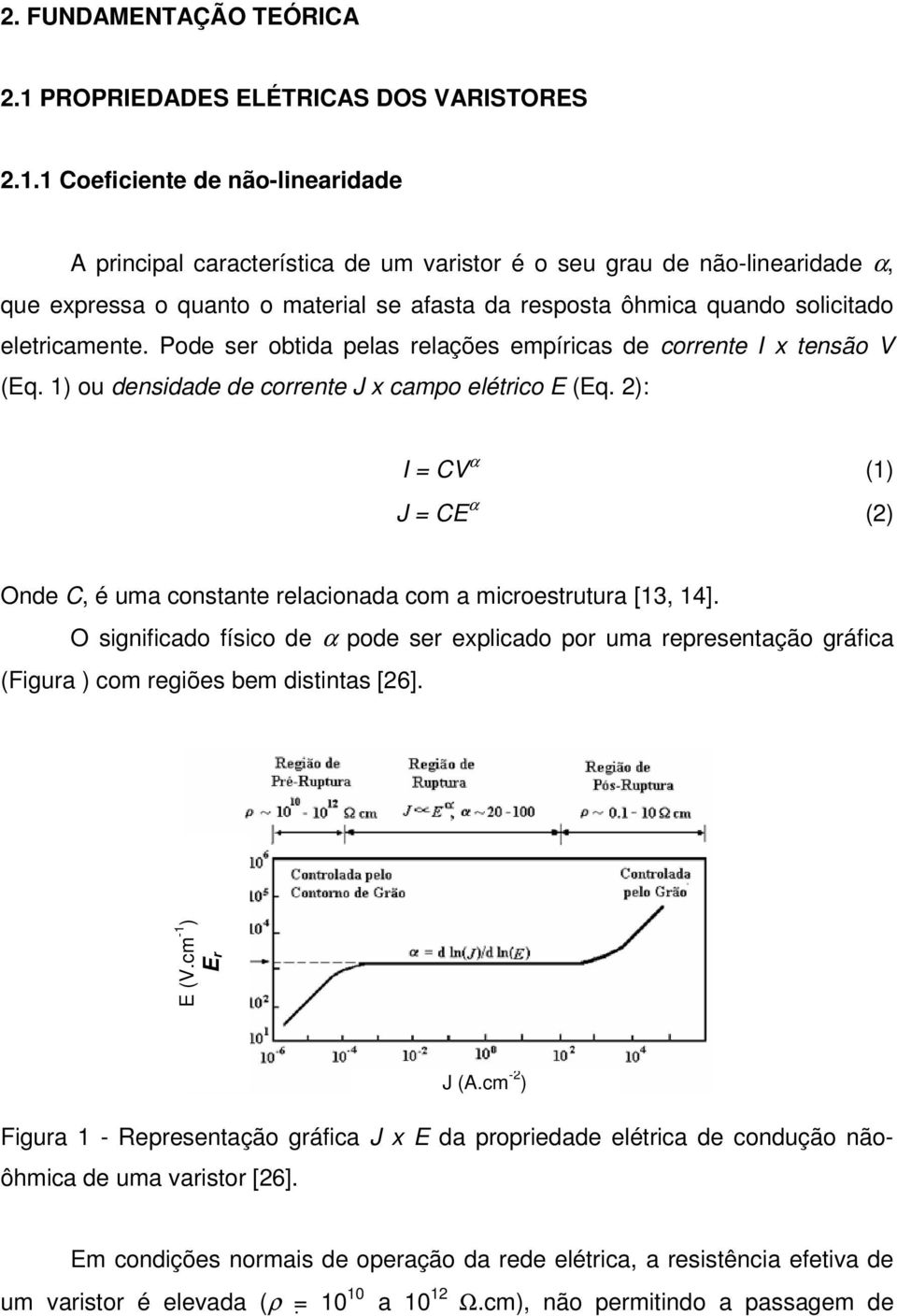 1 Coeficiente de não-linearidade A principal característica de um varistor é o seu grau de não-linearidade α, que expressa o quanto o material se afasta da resposta ôhmica quando solicitado