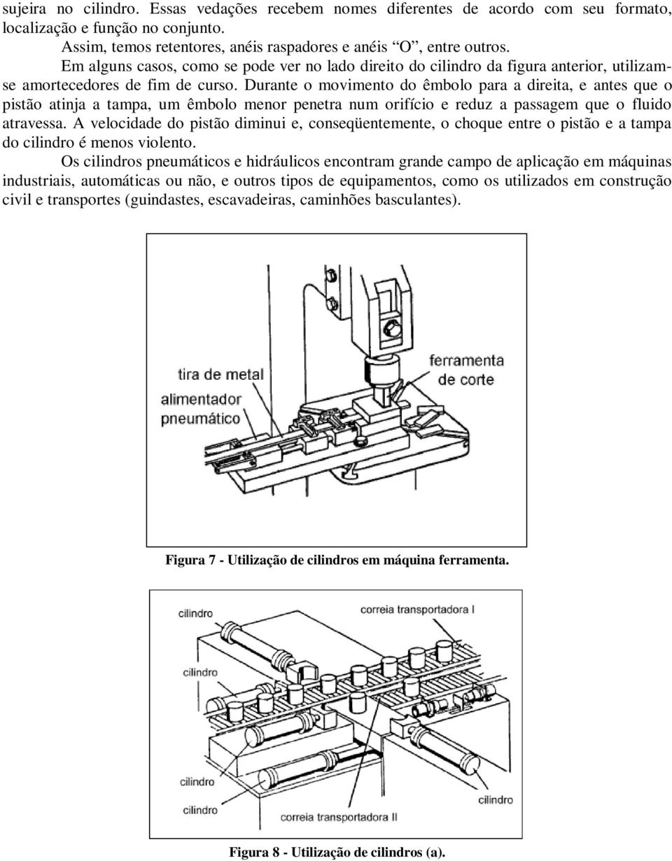 Durante o movimento do êmbolo para a direita, e antes que o pistão atinja a tampa, um êmbolo menor penetra num orifício e reduz a passagem que o fluido atravessa.