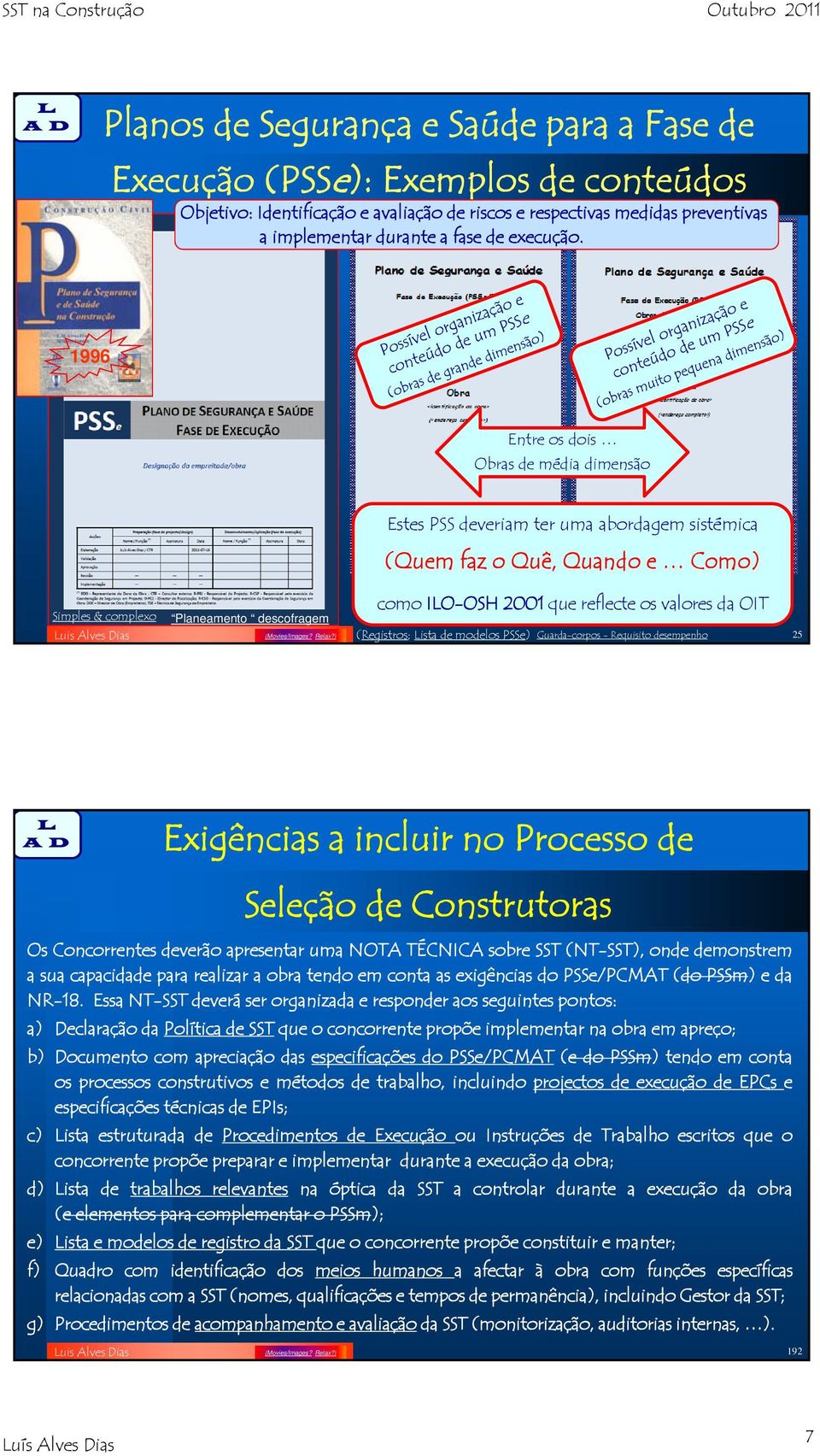 1996 Entre os dois Obras de média dimensão Simples & complexo Planeamento descofragem Estes PSS deveriam ter uma abordagem sistémica (Quem faz o Quê, Quando e Como) como IO-OSH 2001 que reflecte os