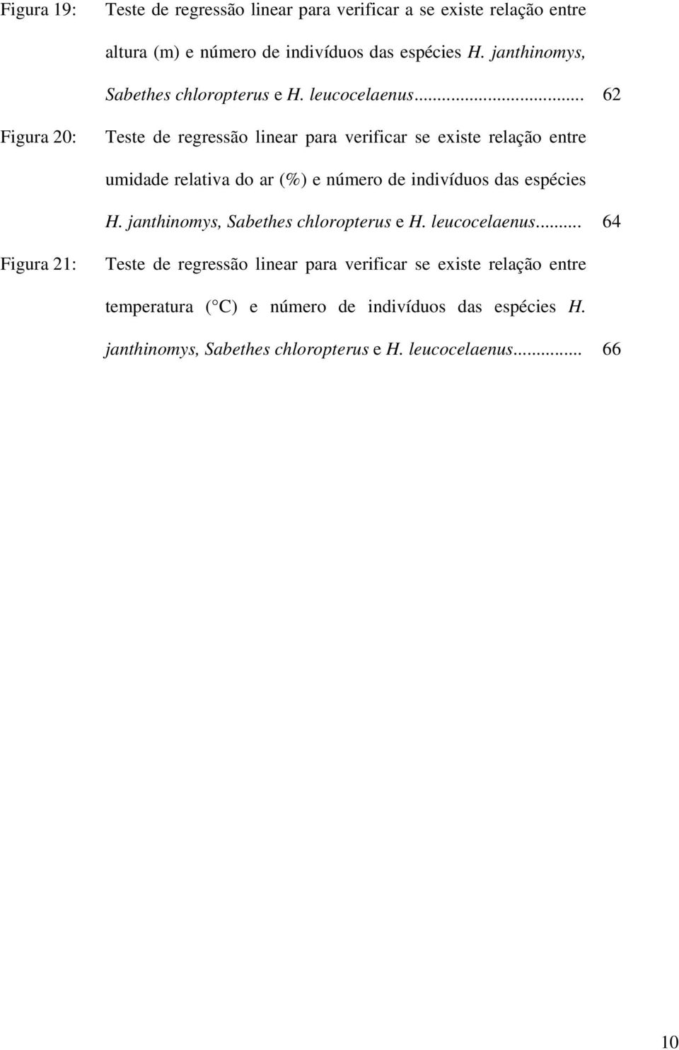 .. 62 Figura 20: Teste de regressão linear para verificar se existe relação entre umidade relativa do ar (%) e número de indivíduos das espécies H.