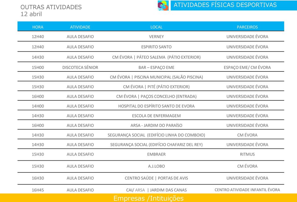 ÉVORA 15H30 AULA DESAFIO CM ÉVORA PITÉ (PÁTIO EXTERIOR) UNIVERSIDADE ÉVORA 16H00 AULA DESAFIO CM ÉVORA PAÇOS CONCELHO (ENTRADA) UNIVERSIDADE ÉVORA 14H00 AULA DESAFIO HOSPITAL DO ESPÍRITO SANTO DE