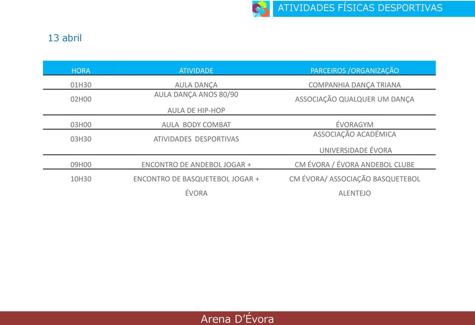 03H30 ATIVIDADES DESPORTIVAS ASSOCIAÇÃO ACADÉMICA UNIVERSIDADE ÉVORA 09H00 ENCONTRO DE ANDEBOL JOGAR + CM ÉVORA /