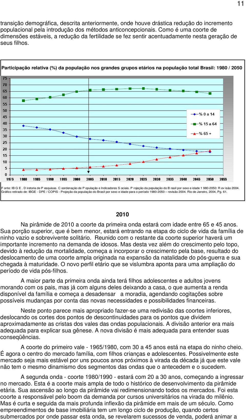 Participação relativa (%) da população nos grandes grupos etários na população total Brasil: 198 / 2 F onte: IB G E. D iretoria de P esquisas. C oordenação de P opulação e Indicadores S ociais.