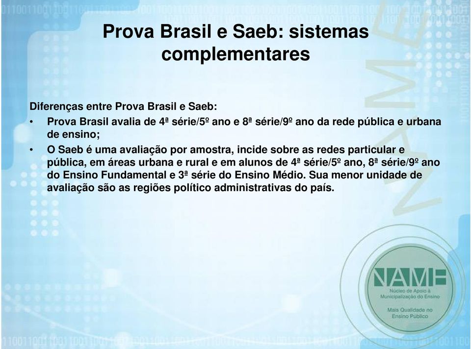 sobre as redes particular e pública, em áreas urbana e rural e em alunos de 4ª série/5º ano, 8ª série/9º ano do