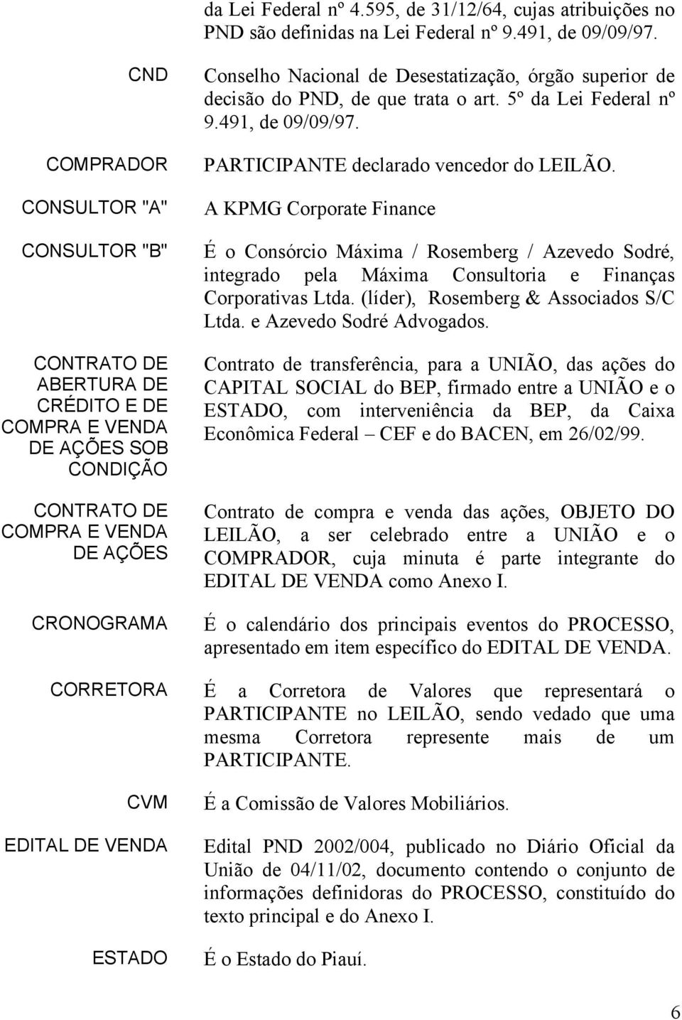 órgão superior de decisão do PND, de que trata o art. 5º da Lei Federal nº 9.491, de 09/09/97. PARTICIPANTE declarado vencedor do LEILÃO.