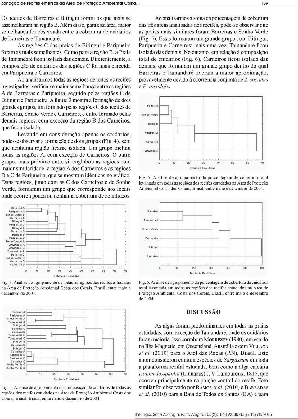 Como para a região B, a Praia de Tamandaré ficou isolada das demais. Diferentemente, a composição de cnidários das regiões C foi mais parecida em Paripueira e Carneiros.