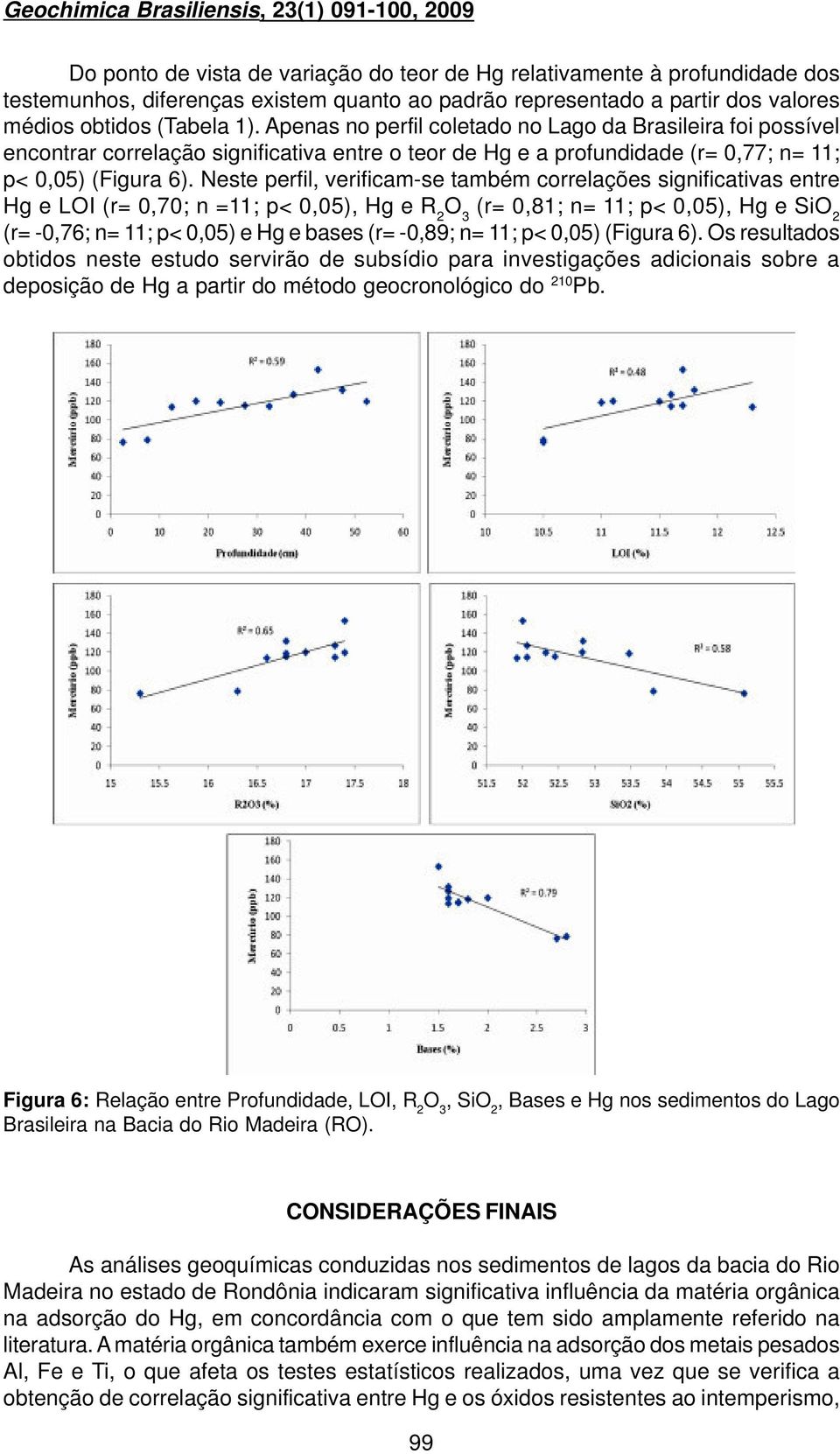 Apenas no perfil coletado no Lago da Brasileira foi possível encontrar correlação significativa entre o teor de Hg e a profundidade (r= 0,77; n= 11; p< 0,05) (Figura 6).