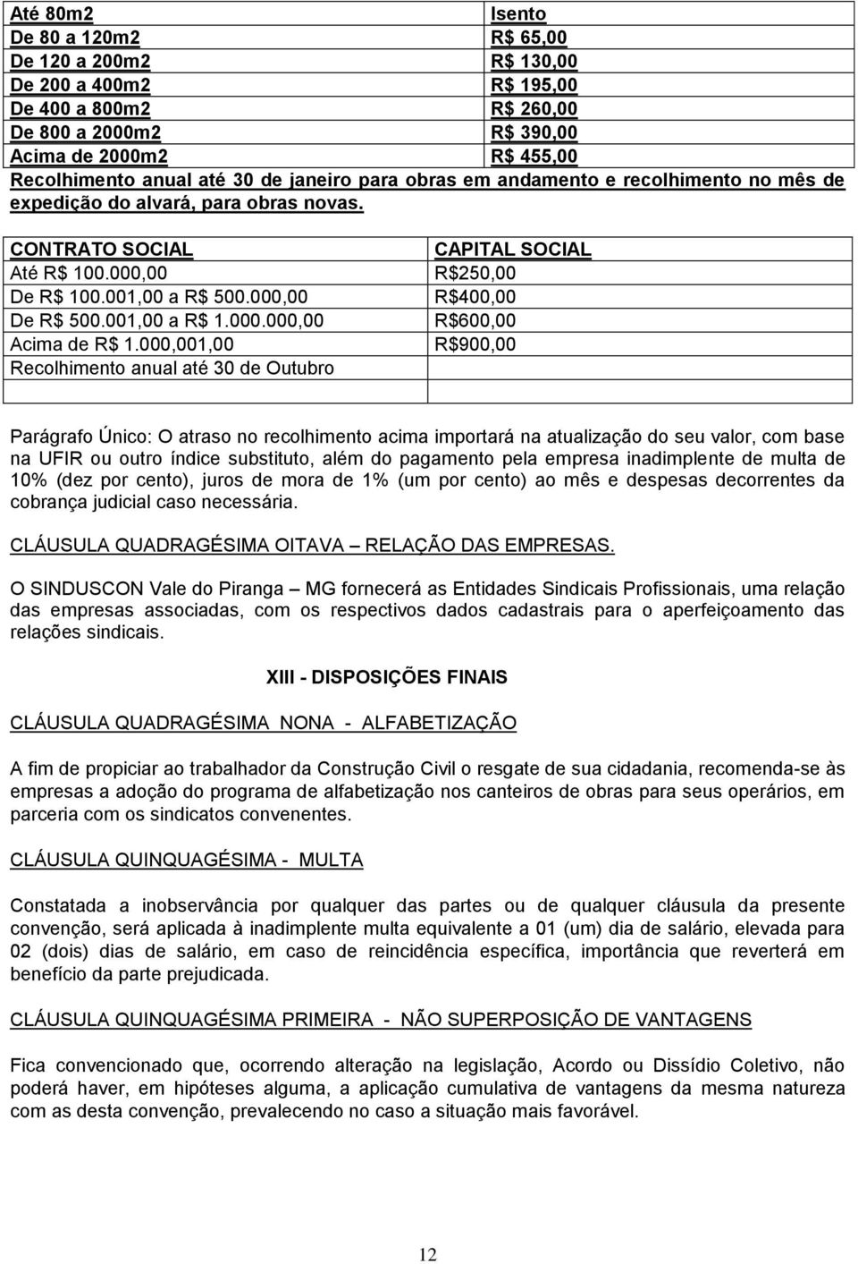 000,001,00 Recolhimento anual até 30 de Outubro CAPITAL SOCIAL R$250,00 R$400,00 R$600,00 R$900,00 Parágrafo Único: O atraso no recolhimento acima importará na atualização do seu valor, com base na