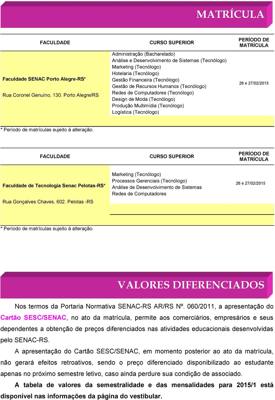 Recursos Humanos (Tecnólogo) Redes de Computadores (Tecnólogo) Design de Moda (Tecnólogo) Produção Multimídia (Tecnólogo) Logística (Tecnólogo) PERÍODO DE MATRÍCULA 26 e 27/02/2015 * Período de