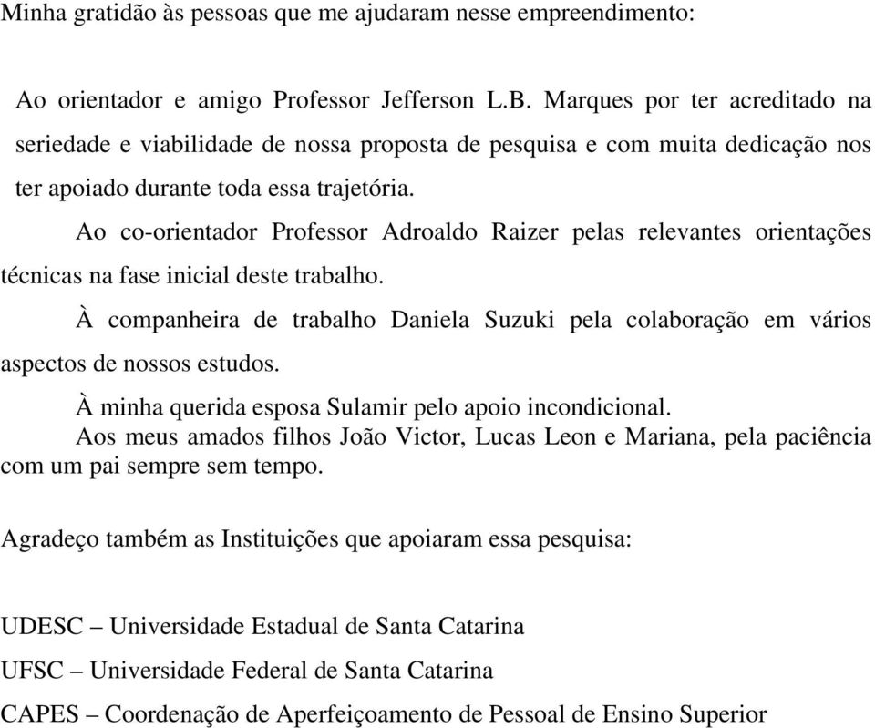 Ao co-orientador Professor Adroaldo Raizer pelas relevantes orientações técnicas na fase inicial deste trabalho.