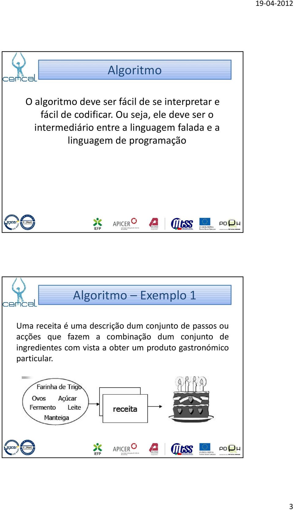 programação Algoritmo Exemplo 1 Uma receita é uma descrição dum conjunto de passos ou