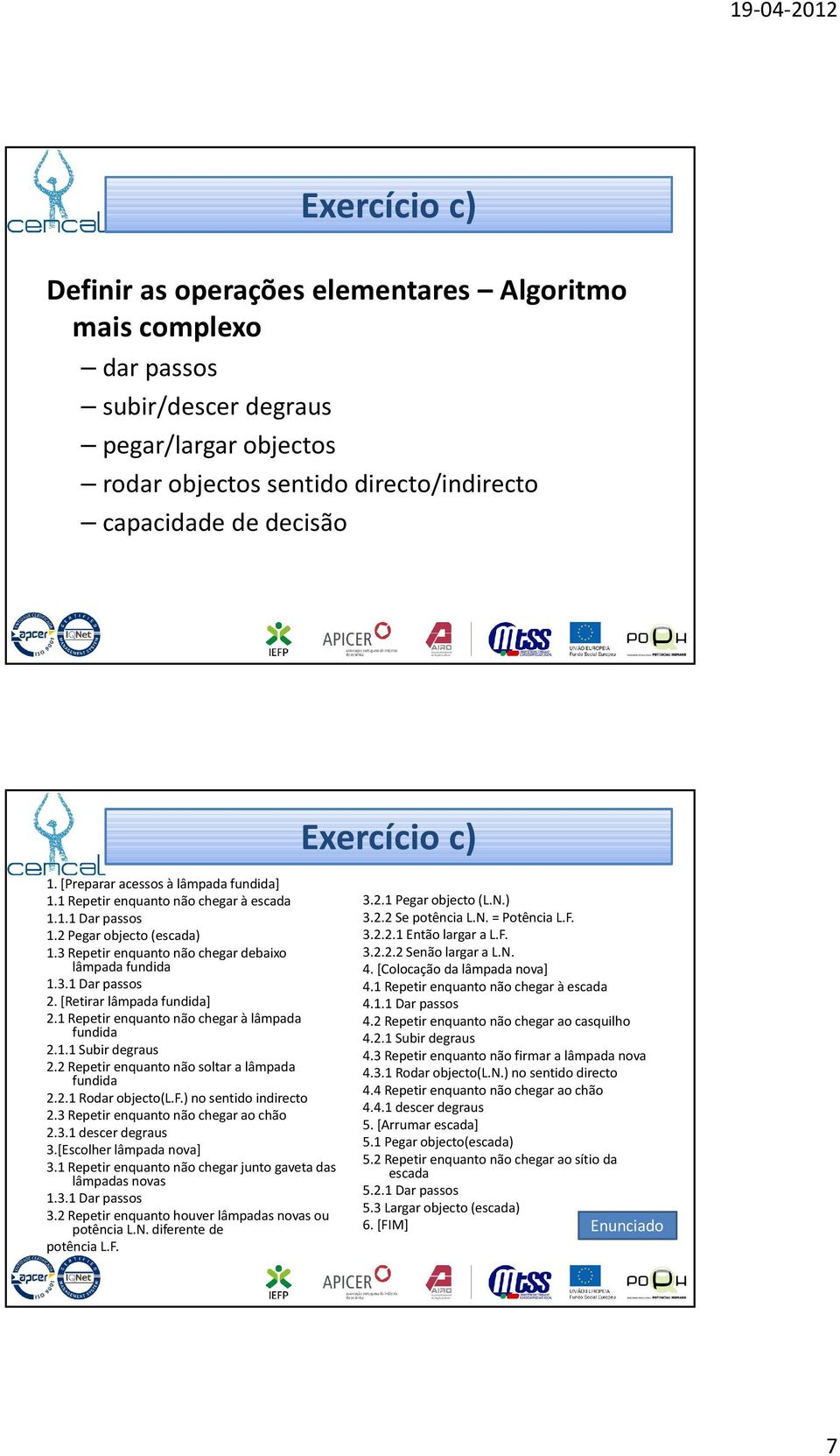 [Retirar lâmpada fundida] 2.1 Repetir enquanto não chegar à lâmpada fundida 2.1.1 Subir degraus 2.2 Repetir enquanto não soltar a lâmpada fundida 2.2.1 Rodar objecto(l.f.) no sentido indirecto 2.