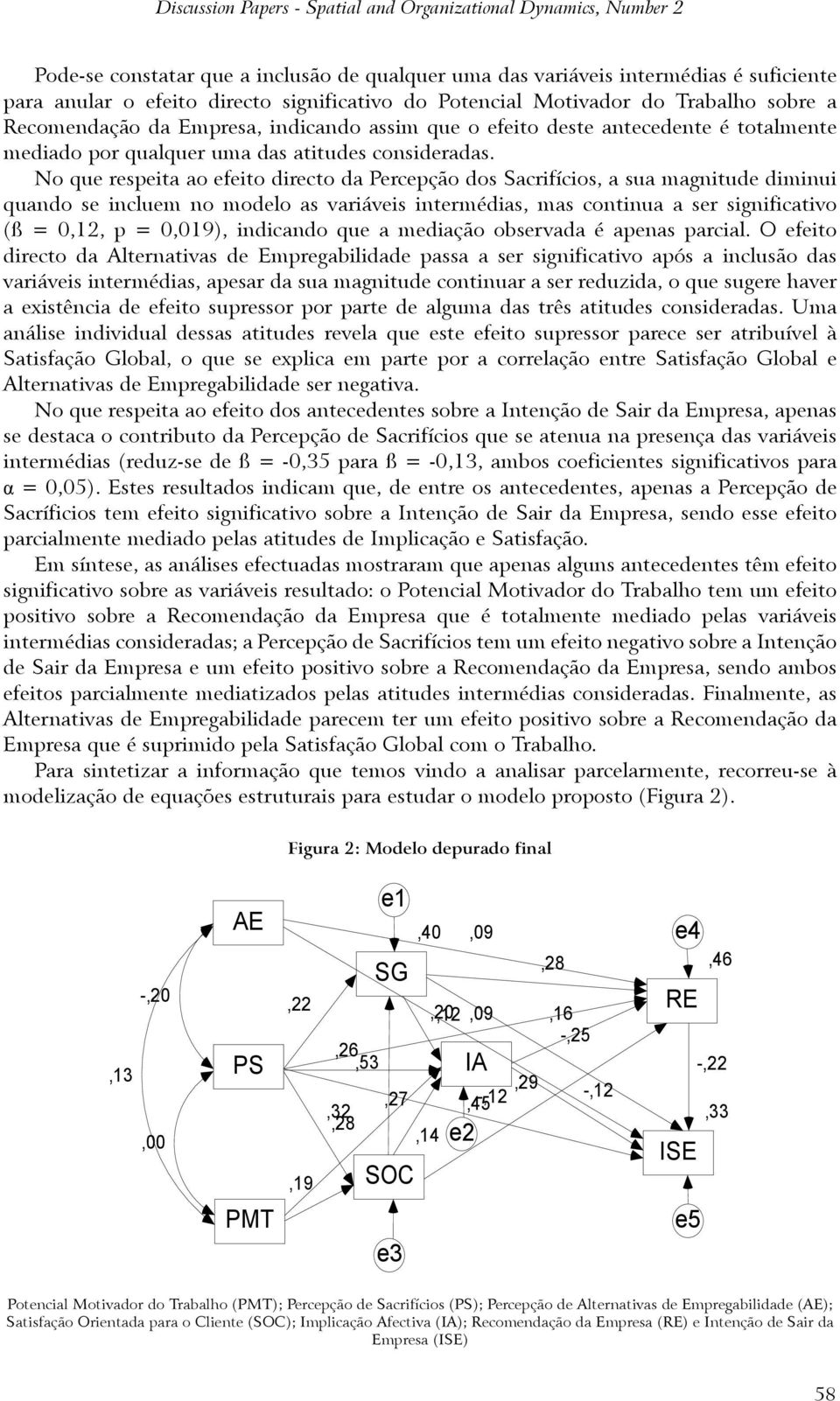 No que respeita ao efeito directo da Percepção dos Sacrifícios, a sua magnitude diminui quando se incluem no modelo as variáveis intermédias, mas continua a ser significativo (ß = 0,12, p = 0,019),