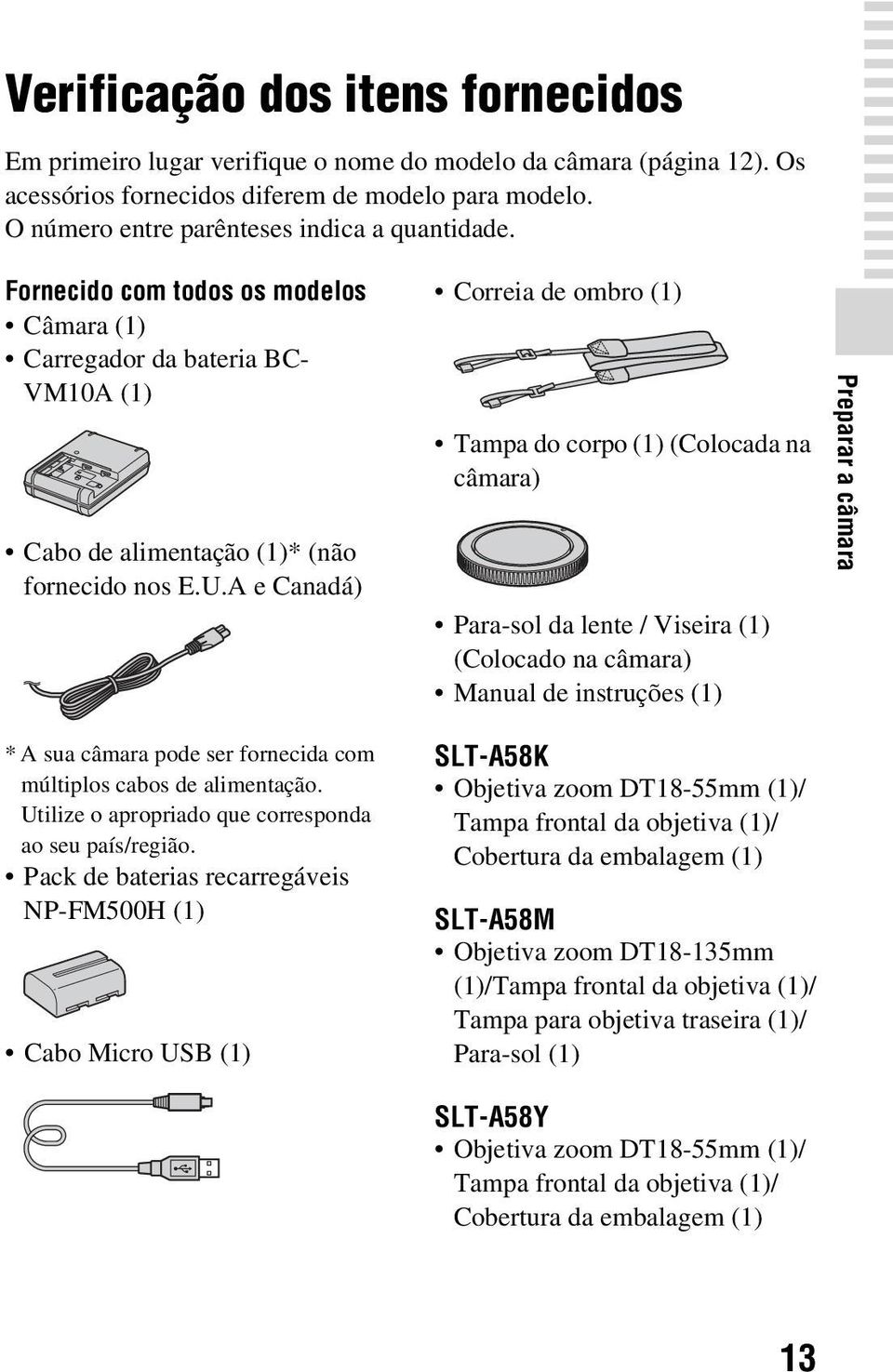 A e Canadá) Correia de ombro (1) Tampa do corpo (1) (Colocada na câmara) Para-sol da lente / Viseira (1) (Colocado na câmara) Manual de instruções (1) Preparar a câmara * A sua câmara pode ser