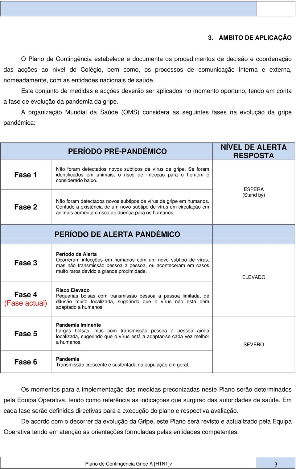 A organização Mundial da Saúde (OMS) considera as seguintes fases na evolução da gripe pandémica: Fase 1 Fase 2 PERÍODO PRÉ-PANDÉMICO Não foram detectados novos subtipos de vírus de gripe.