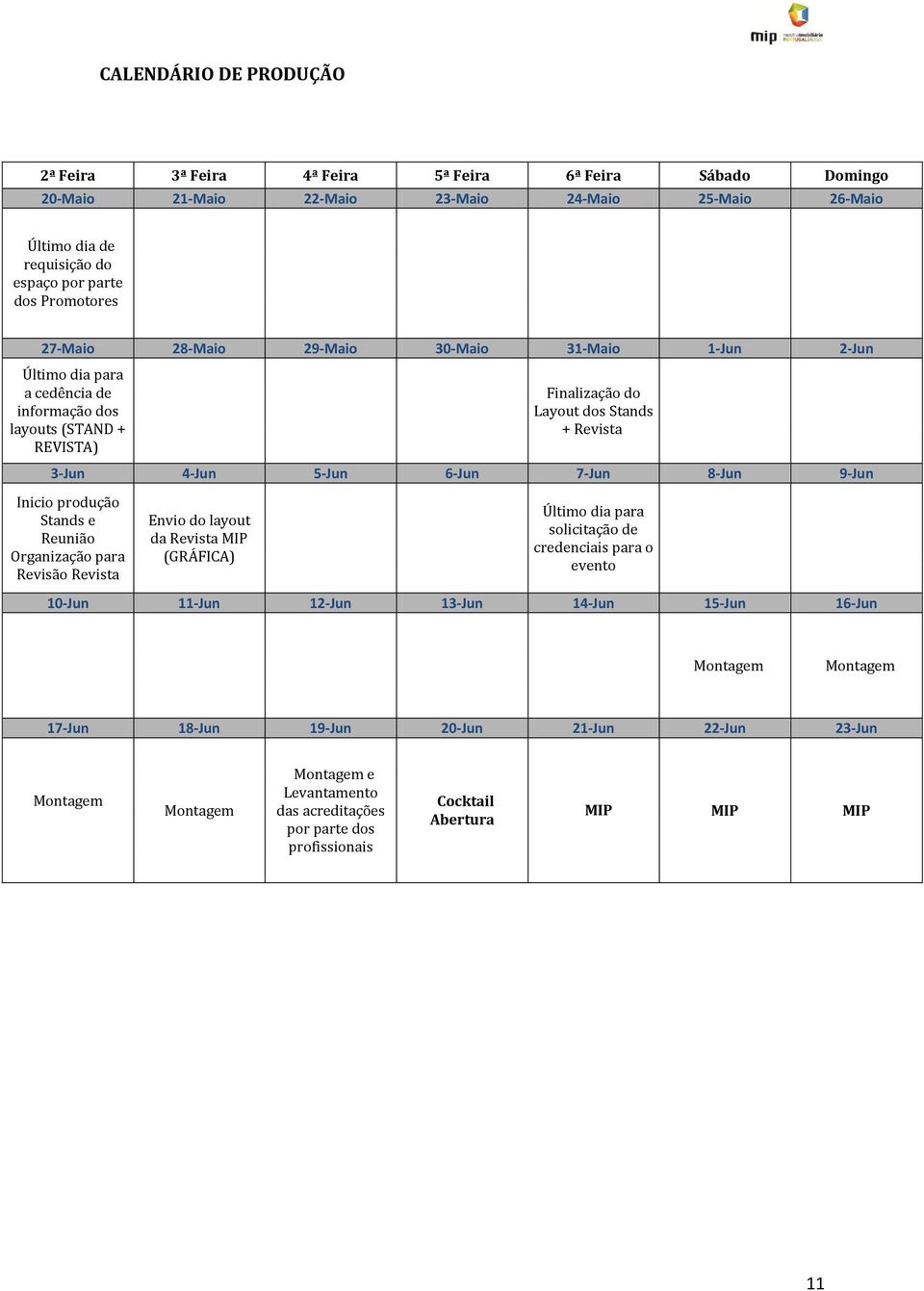 8-Jun 9-Jun Inicio produção Stands e Reunião Organização para Revisão Revista Envio do layout da Revista MIP (GRÁFICA) Último dia para solicitação de credenciais para o evento 10-Jun 11-Jun 12-Jun