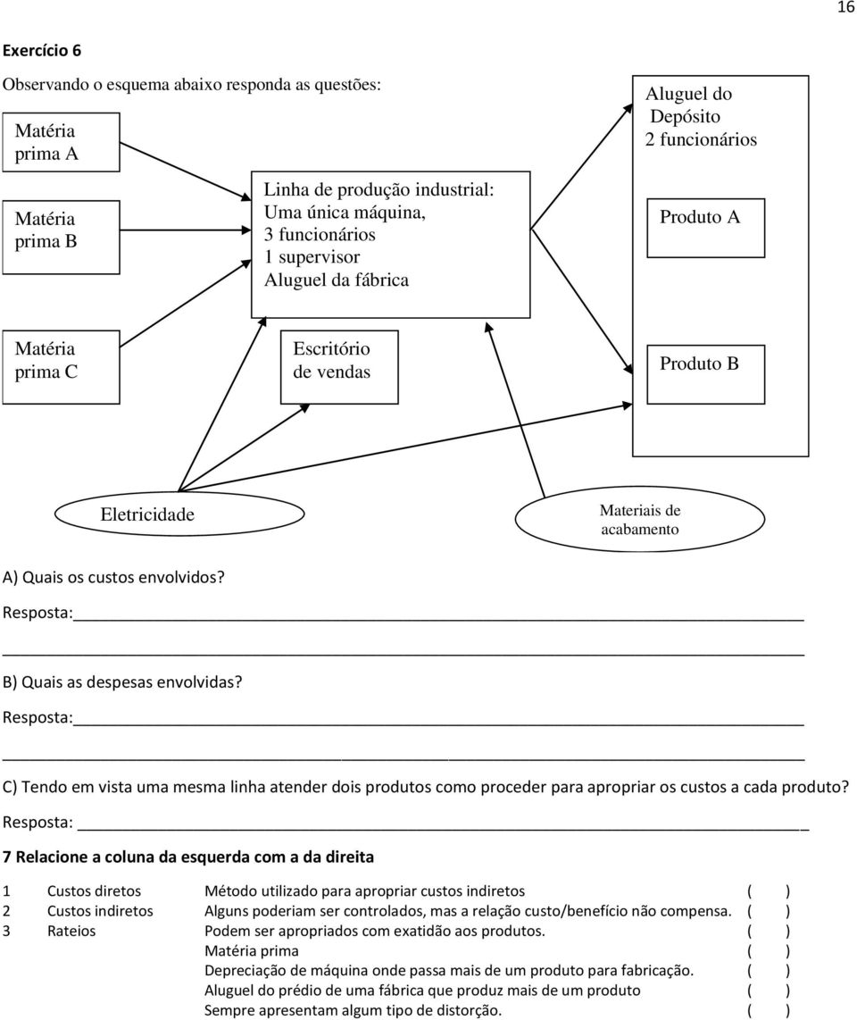 Resposta: B) Quais as despesas envolvidas? Resposta: C) Tendo em vista uma mesma linha atender dois produtos como proceder para apropriar os custos a cada produto?