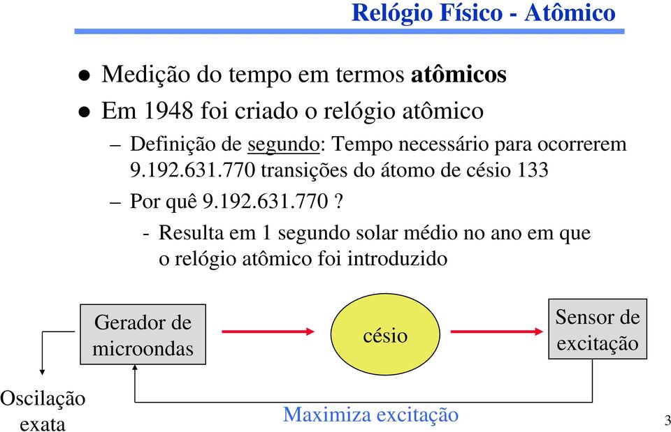 770 transições do átomo de césio 133 Por quê 9.192.631.770? - Resulta em 1 segundo solar médio no