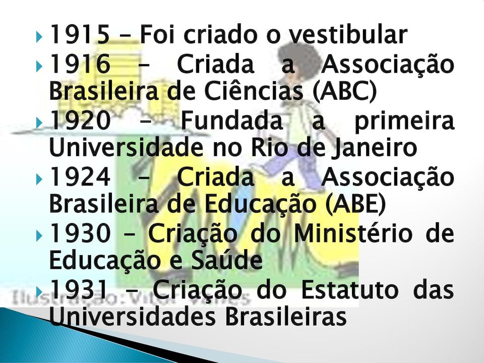 1924 Criada a Associação Brasileira de Educação (ABE) 1930 Criação do