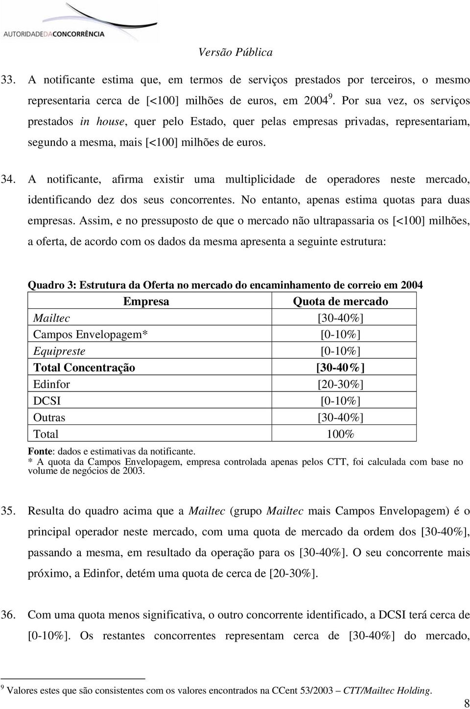 A notificante, afirma existir uma multiplicidade de operadores neste mercado, identificando dez dos seus concorrentes. No entanto, apenas estima quotas para duas empresas.