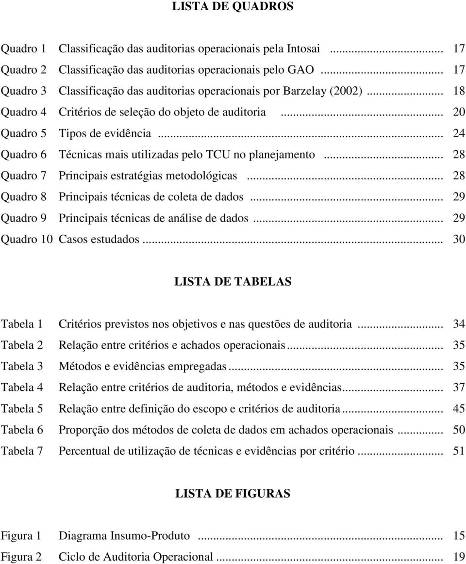 .. 24 Quadro 6 Técnicas mais utilizadas pelo TCU no planejamento... 28 Quadro 7 Principais estratégias metodológicas... 28 Quadro 8 Principais técnicas de coleta de dados.