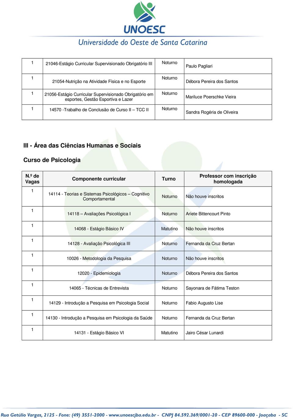 - Teorias e Sistemas Psicológicos Cognitivo Comportamental 48 Avaliações Psicológica I Aríete Bittencourt Pinto 4068 - Estágio Básico IV Matutino 428 - Avaliação Psicológica III Fernanda da Cruz