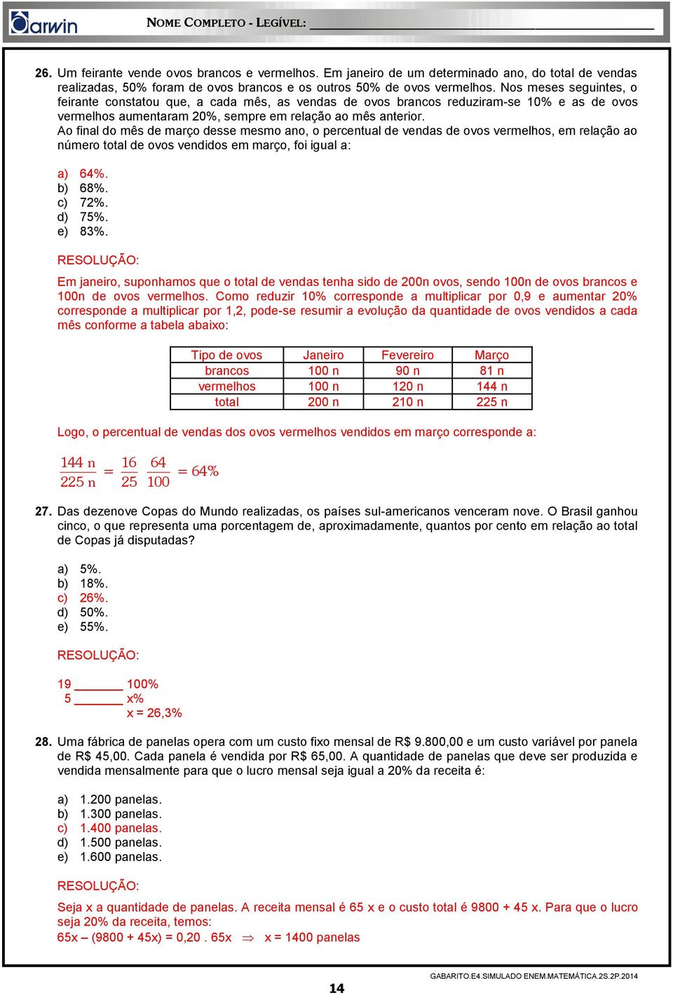 Ao final do mês de março desse mesmo ano, o percentual de vendas de ovos vermelhos, em relação ao número total de ovos vendidos em março, foi igual a: a) 64%. b) 68%. c) 72%. d) 75%. e) 8%.