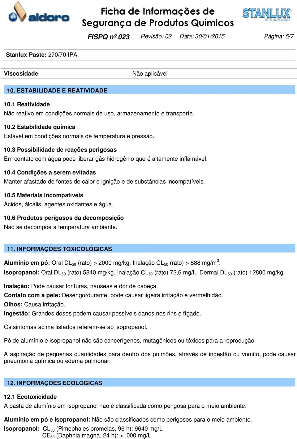 4 Condições a serem evitadas Manter afastado de fontes de calor e ignição e de substâncias incompatíveis. 10.5 Materiais incompatíveis Ácidos, álcalis, agentes oxidantes e água. 10.6 Produtos perigosos da decomposição Não se decompõe a temperatura ambiente.