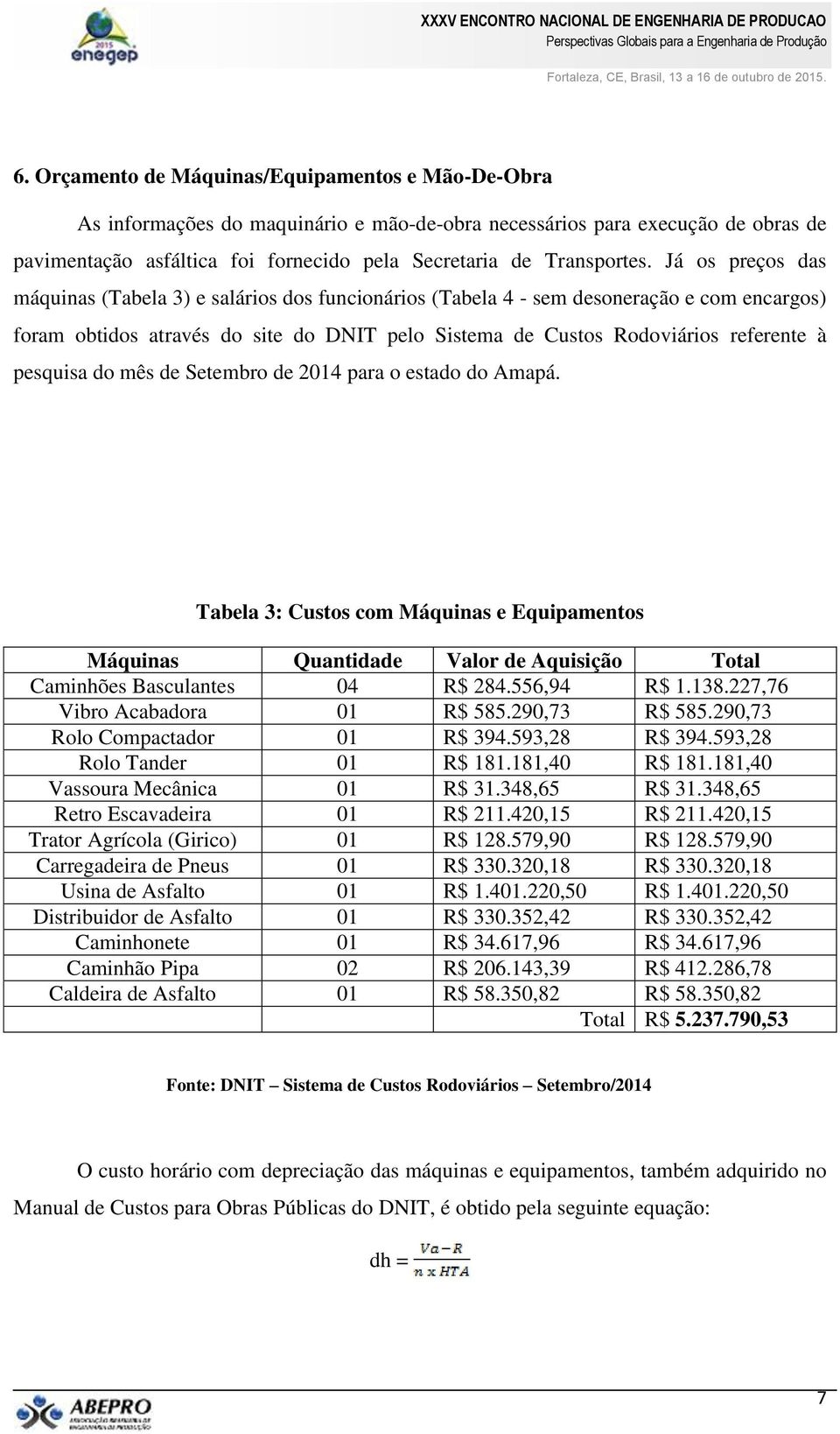 Já os preços das máquinas (Tabela 3) e salários dos funcionários (Tabela 4 - sem desoneração e com encargos) foram obtidos através do site do DNIT pelo Sistema de Custos Rodoviários referente à