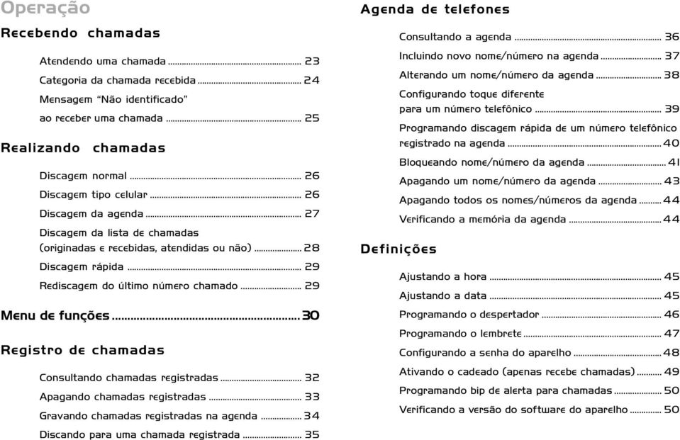 .. 29 Menu de funções... 30 Registro de chamadas Consultando chamadas registradas... 32 Apagando chamadas registradas... 33 Gravando chamadas registradas na agenda.