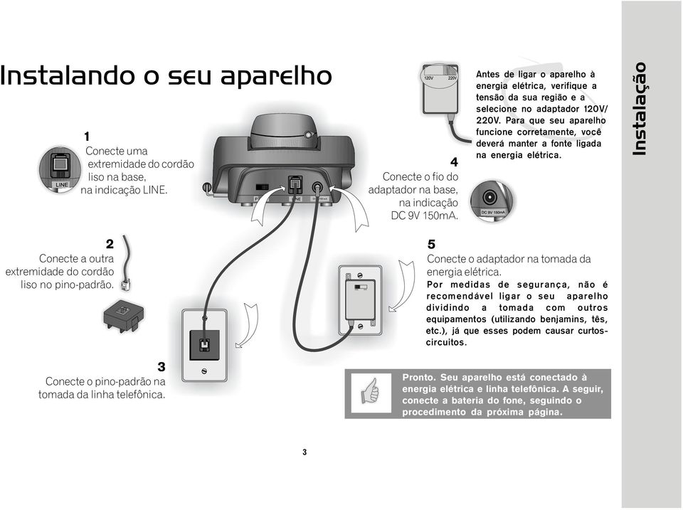 Para que seu aparelho funcione corretamente, você deverá manter a fonte ligada na energia elétrica. Instalação 2 Conecte a outra extremidade do cordão liso no pino-padrão.