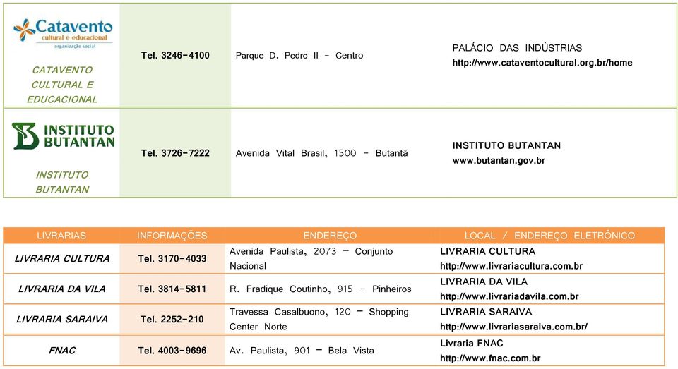 3170-4033 Avenida Paulista, 2073 Conjunto Nacional LIVRARIA DA VILA Tel. 3814-5811 R. Fradique Coutinho, 915 - Pinheiros LIVRARIA SARAIVA Tel.