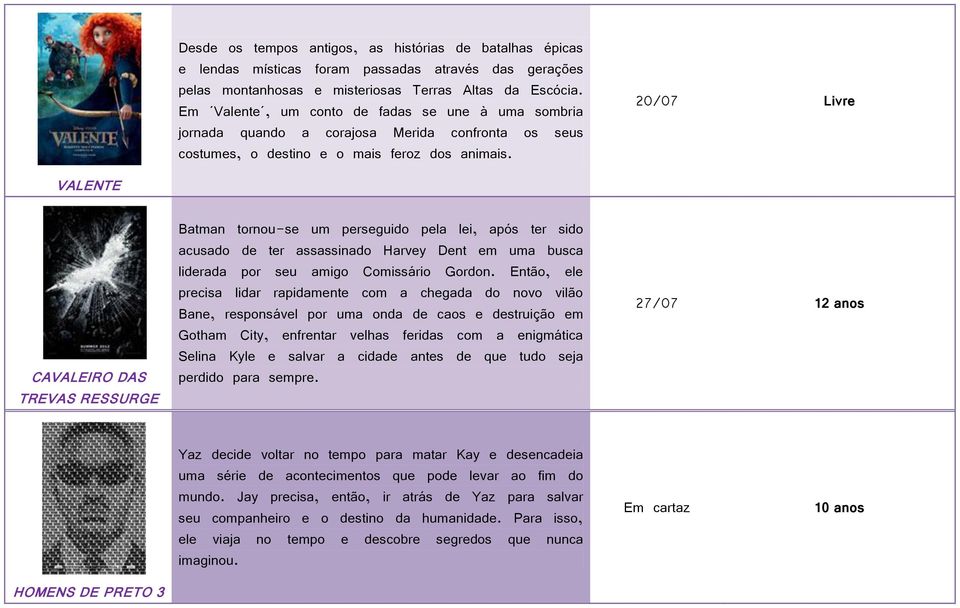 20/07 Livre VALENTE BATMAN: O CAVALEIRO DAS TREVAS RESSURGE Batman tornou-se um perseguido pela lei, após ter sido acusado de ter assassinado Harvey Dent em uma busca liderada por seu amigo