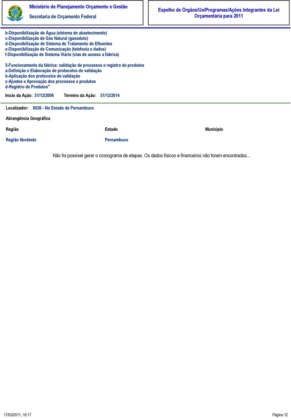 validação b-aplicação dos protocolos de validação c-ajustes e Aprovação dos processos e produtos d-registro de Produtos" Início da Ação: Término da Ação: 31/12/2014 Localizador: 0026 - No Estado de