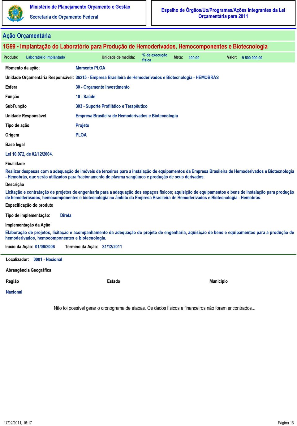 30 - Orçamento Investimento 10 - Saúde 303 - Suporte Profilático e Terapêutico Empresa Brasileira de Hemoderivados e Biotecnologia Projeto PLOA Base legal Lei 10.972, de 02/12/2004.