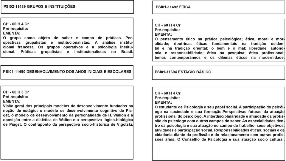 O pensamento ético na prática psicológica; ética, moral e moralidade; doutrinas éticas fundamentais na tradição ocidental e na tradição oriental; o bem e o mal; liberdade, autonomia e