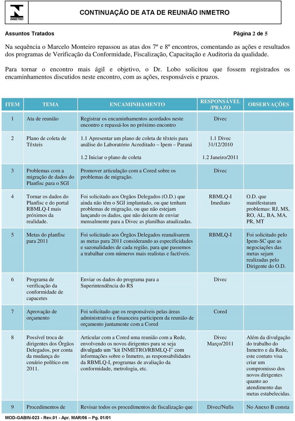 Lobo solicitou que fossem registrados os encaminhamentos discutidos neste encontro, com as ações, responsáveis e prazos.